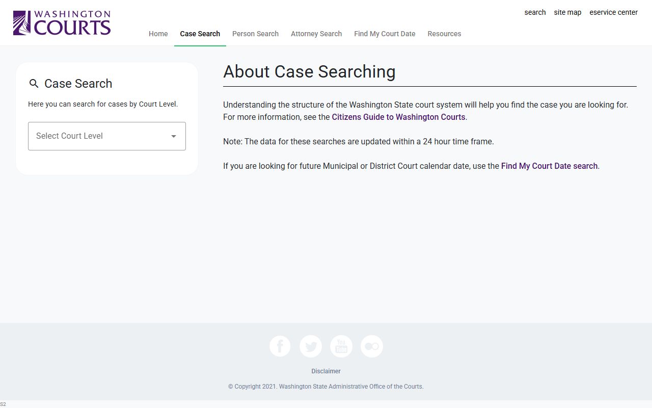 Washington Courts case search interface for court records after a Walla Walla County arrest