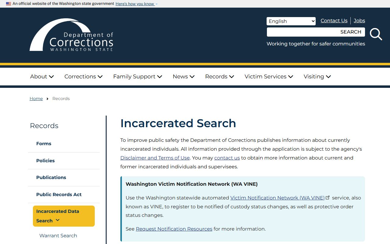 Washington DOC incarcerated search with DOC number and name fields