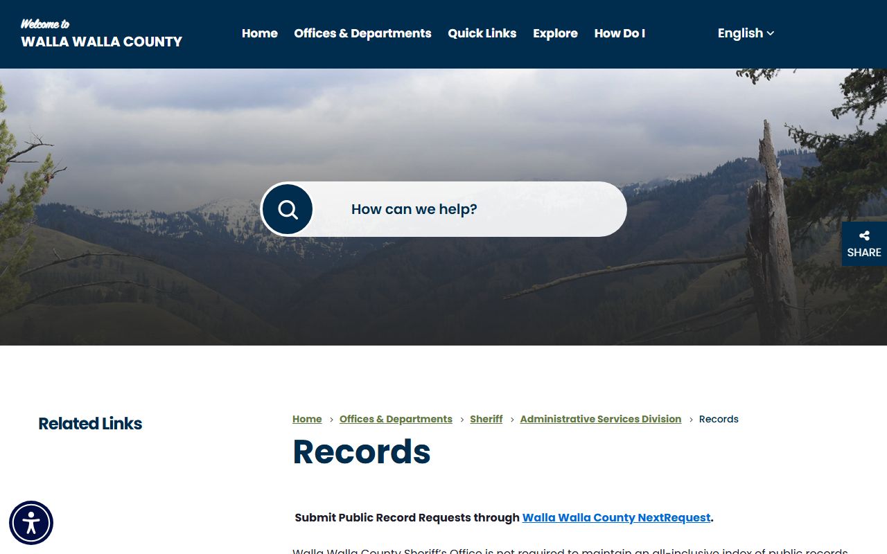 Walla Walla County Sheriff's records page with NextRequest information