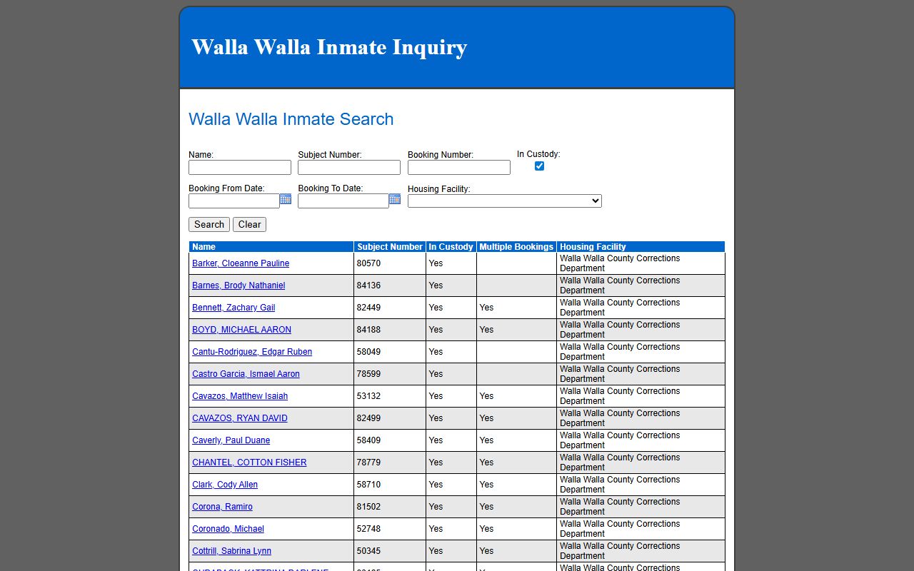 Walla Walla current in-custody roster with name, subject number, custody, multiple bookings, and housing facility columns