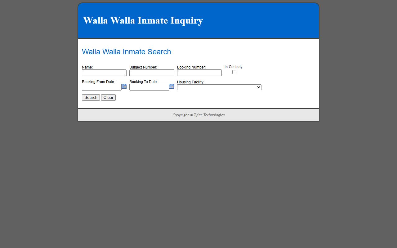 Walla Walla County inmate population roster search form