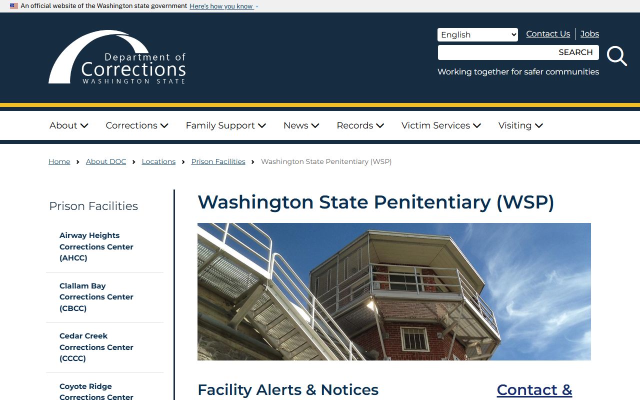 Official Washington State Penitentiary facility page with DOC visiting information